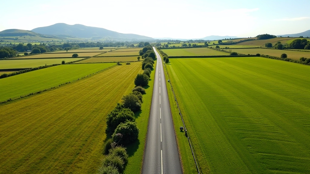 Aerial view of paved greenway winding through countryside, fields on either side, clear weather