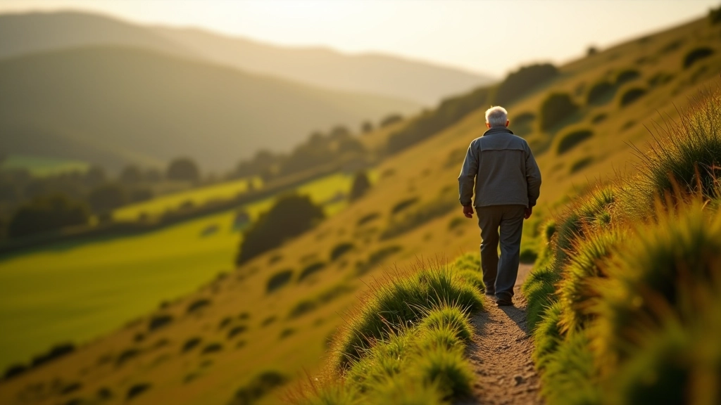 Person walking on gentle hillside path with green slopes and wildflowers, peaceful countryside setting