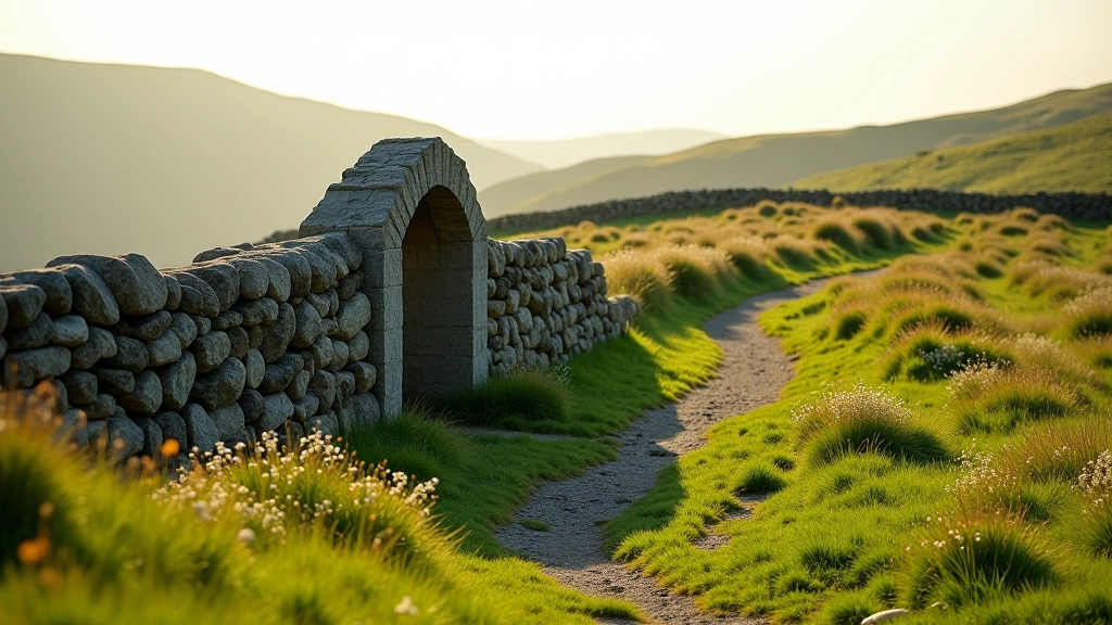 Stone wall corner with natural shelter, green hillside backdrop, wildflowers in foreground, peaceful setting